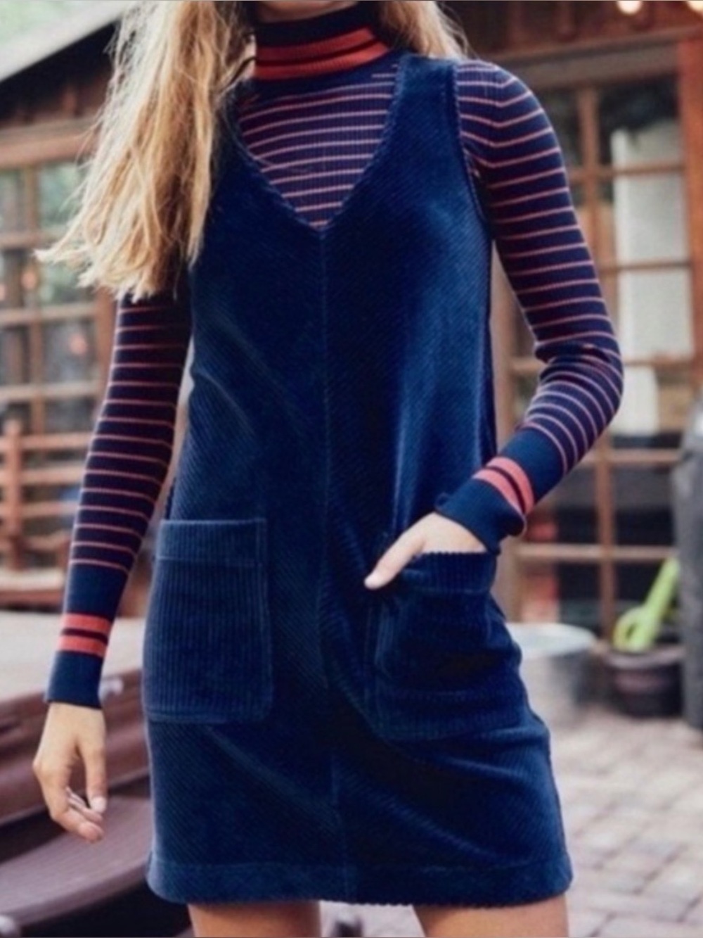Marine Layer Corduroy V Neck Jumper Dress Navy Sleeveless Size M